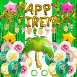 beach theme happy retirement party decorations supplies, gold happy retirement banner and coconut tree balloon flamingo latex balloon beach theme retirement party supplies retirement gift ideas