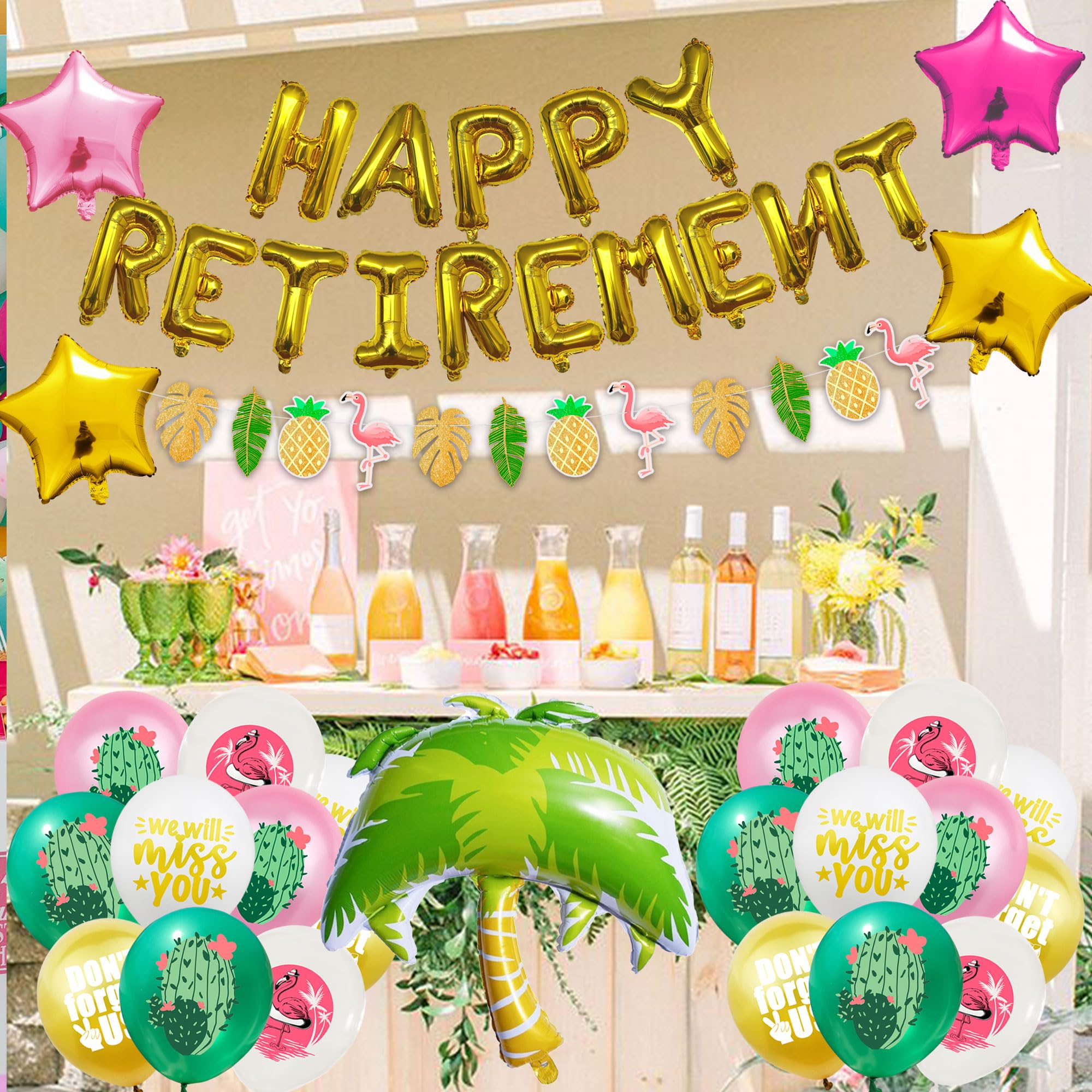 Beach Theme Happy Retirement Party Decorations Supplies, Gold Happy Retirement Banner and Coconut Tree Balloon Flamingo Latex Balloon Beach Theme Retirement Party Supplies Retirement Gift Ideas