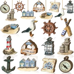 Maitys 36 Pcs Summer Wooden Ornaments Ocean Beach Tree Decorations Coastal Nautical Navigation Wooden Cutouts Summer Hanging Ornaments Summer Decorations for Home Small Tree Party Office(Navigation)