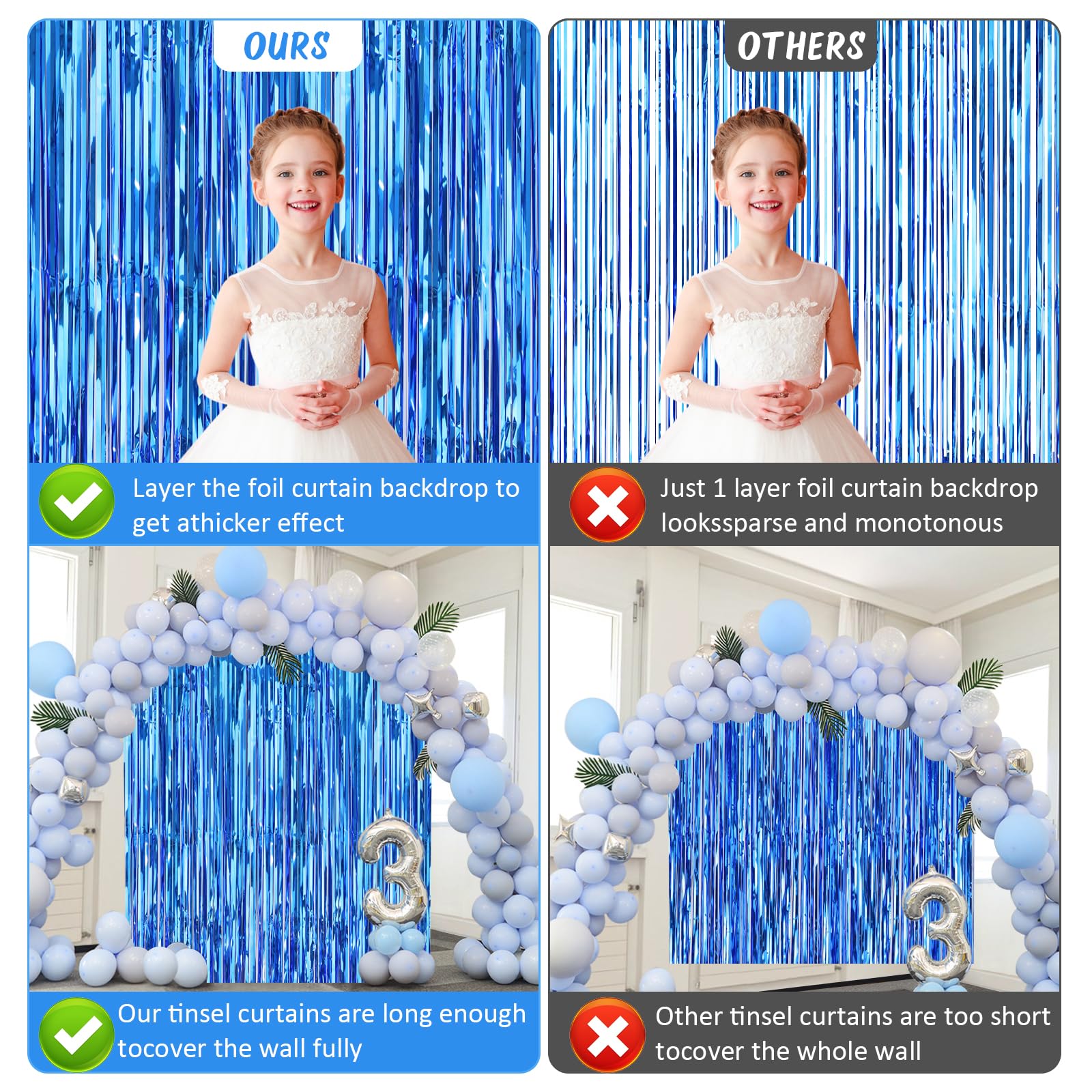 Accevo 3Pack Dark Blue Party Streamers 3.2ft x 8.2ft Foil Fringe Curtains Metallic Streamers Blue Party Photo Booth for Birthday Wedding Christmas Baby Shower Underwater Ocean Party Decorations