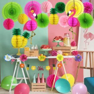 Flamingo Party Supplies, Luau Party Decorations Topical Flamingo and Pineapple Honeycomb Balls Paper Fans Pom Poms Flowers Hibiscus Flowers for Hawaiian Birthday Beach Bachelorette Party