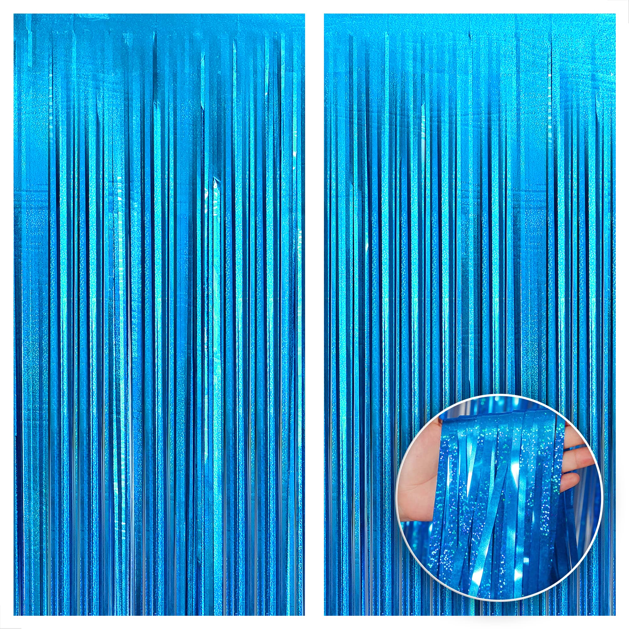 Katchon, Iridescent Blue Backdrop Curtain - 3.2x8 Feet, Pack of 2 | Iridescent Blue Streamers for Summer Party Decorations | Beach Party Decorations, Ocean Backdrop for Ocean Themed Party Decorations