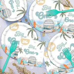 96 Pieces Summer Beach The Big One Tableware Set Boy Surfing First Birthday Decorations Hawaiian 1st Palm Tree Dinner Dessert Paper Plates Napkins Forks Serves 24