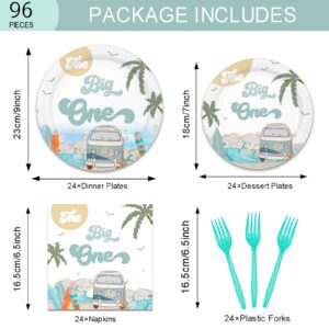 96 Pieces Summer Beach The Big One Tableware Set Boy Surfing First Birthday Decorations Hawaiian 1st Palm Tree Dinner Dessert Paper Plates Napkins Forks Serves 24