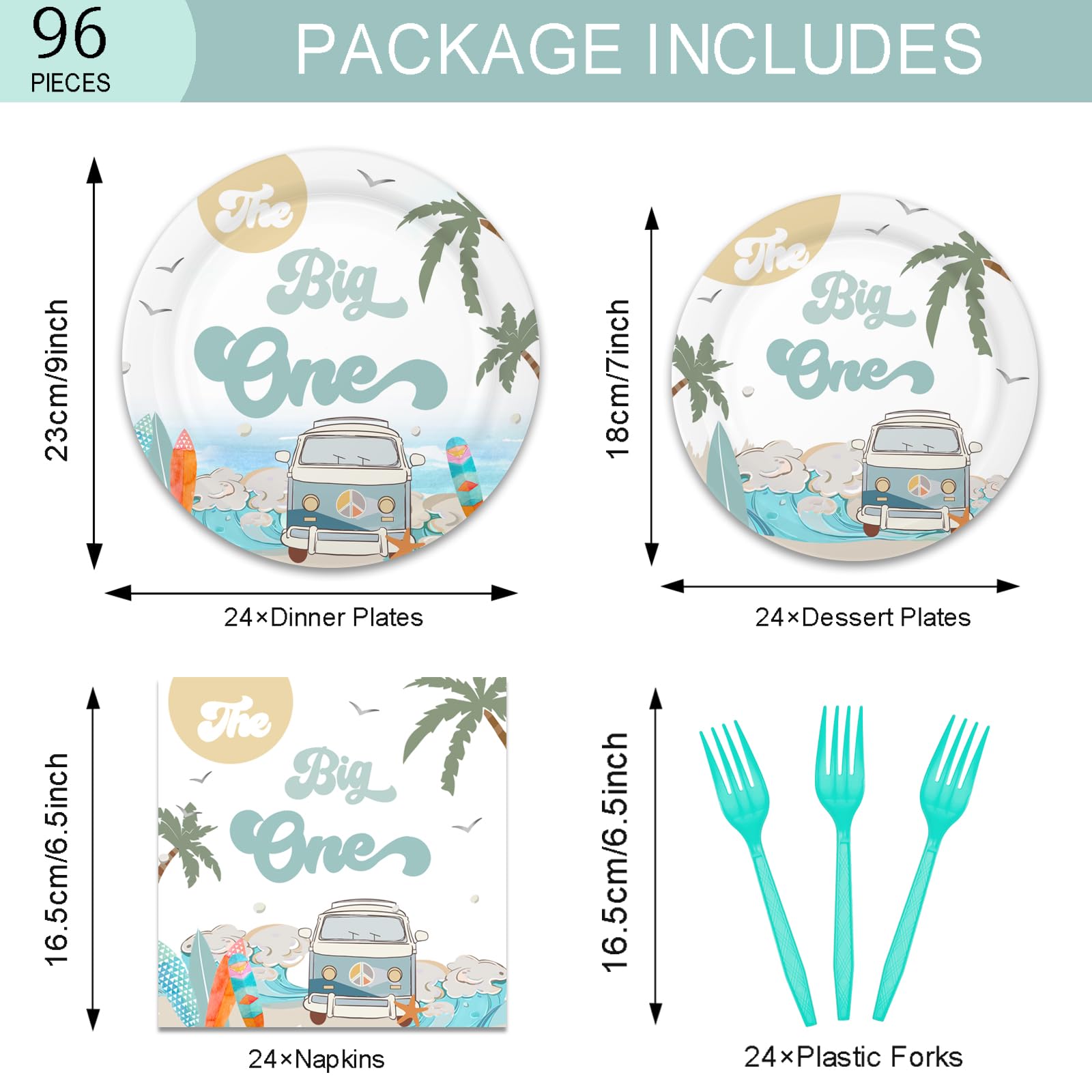 96 Pieces Summer Beach The Big One Tableware Set Boy Surfing First Birthday Decorations Hawaiian 1st Palm Tree Dinner Dessert Paper Plates Napkins Forks Serves 24