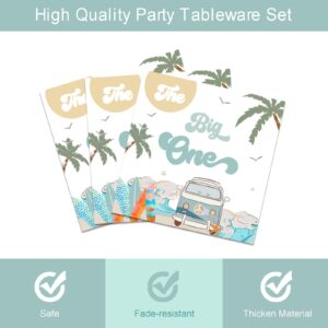 96 Pieces Summer Beach The Big One Tableware Set Boy Surfing First Birthday Decorations Hawaiian 1st Palm Tree Dinner Dessert Paper Plates Napkins Forks Serves 24