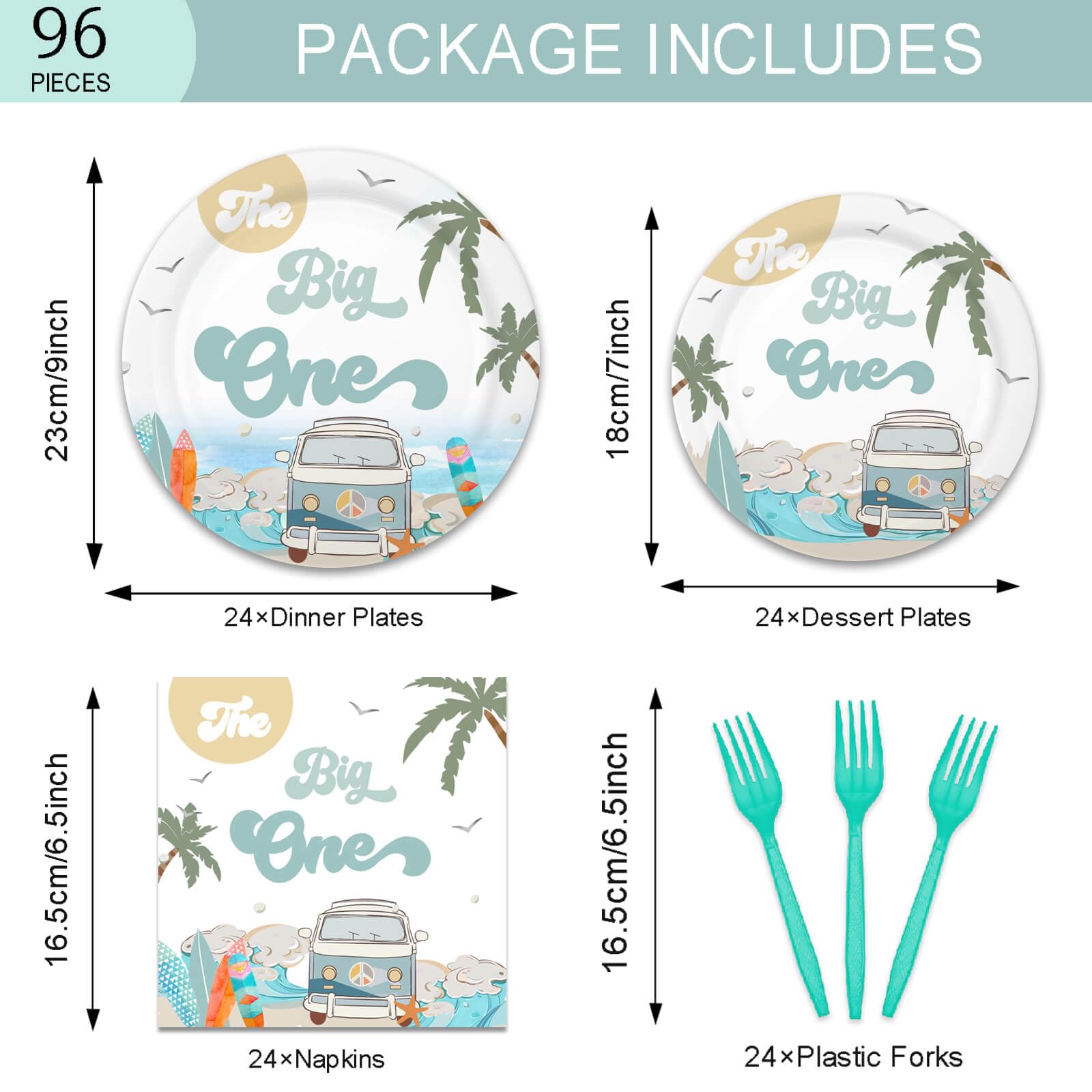 96 Pieces Summer Beach The Big One Tableware Set Boy Surfing First Birthday Decorations Hawaiian 1st Palm Tree Dinner Dessert Paper Plates Napkins Forks Serves 24