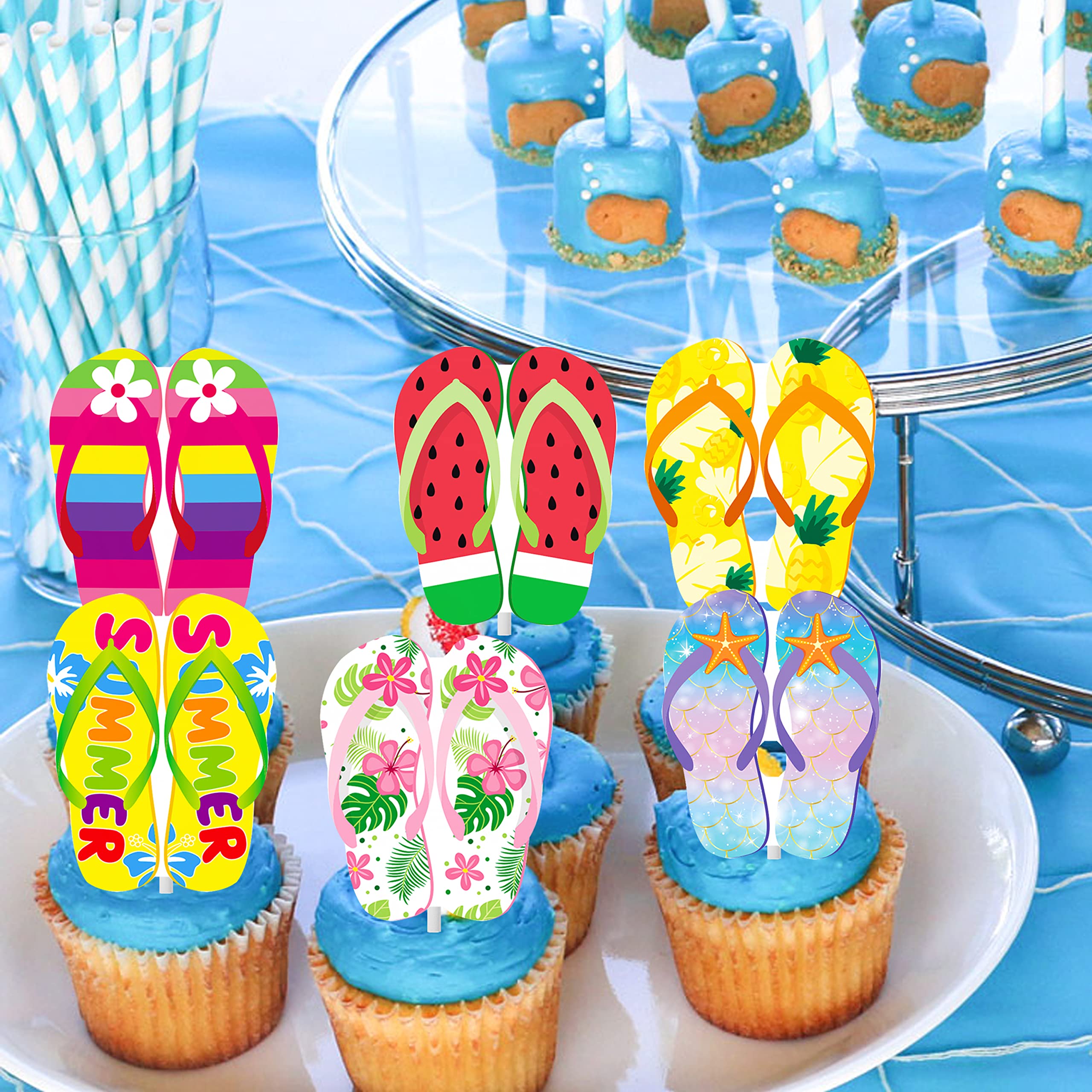 36pcs Beach Flip Flops Cupcake Toppers Summer Beach Party Cupcake Toppers Decorations Pool Party Decorations Supplies for Summer Birthday Tropical Luau Hawaiian Party Supplies