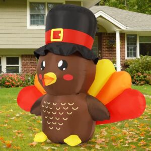 COMIN 5 FT Tall Thanksgiving Inflatables Turkey Baby in Hat with Built-in LEDs Blow Up Yard Decoration for Holiday Party Indoor Outdoor Garden Lawn