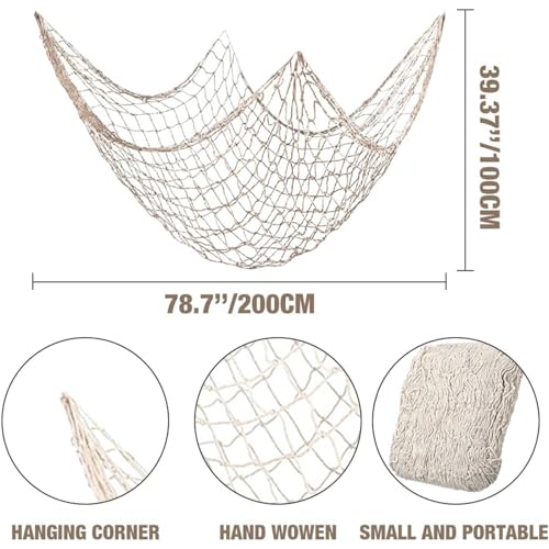 BWEALT 1 Pack Fish Net Decorations for Party, 2mm Natural Cotton Hawaiian Party Fish Net Decorative, Nautical Themed Cotton Fishnet Room Party Accessory