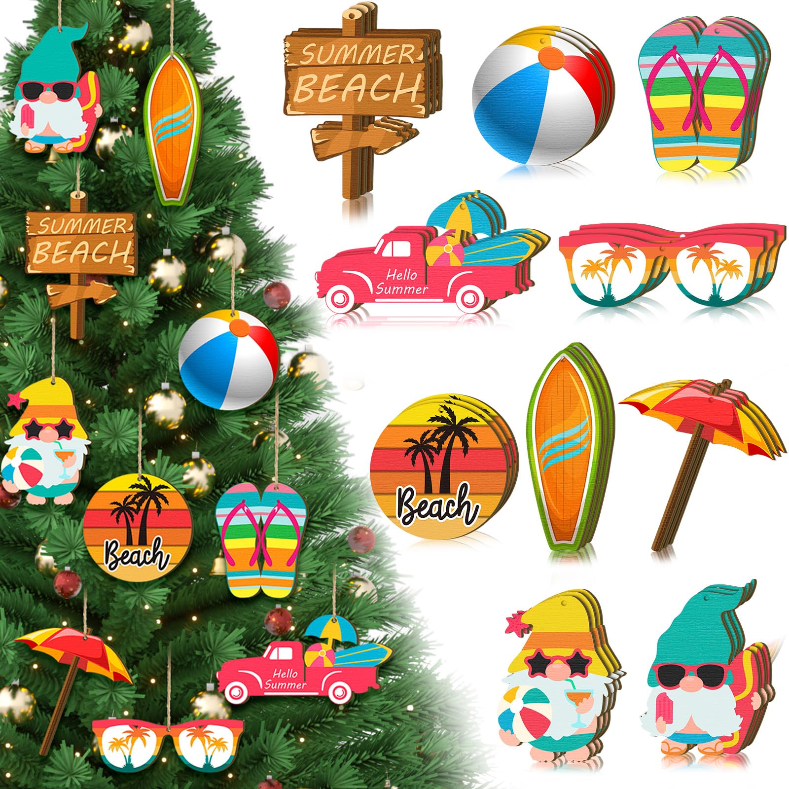 Chunful Summer Tree Ornaments Wood Hanging Decoration Beach Wooden Slices Christmas Winter Tree Ornaments with String for Luau Hawaiian Party Supplies(Beach Style, 30 Pieces)