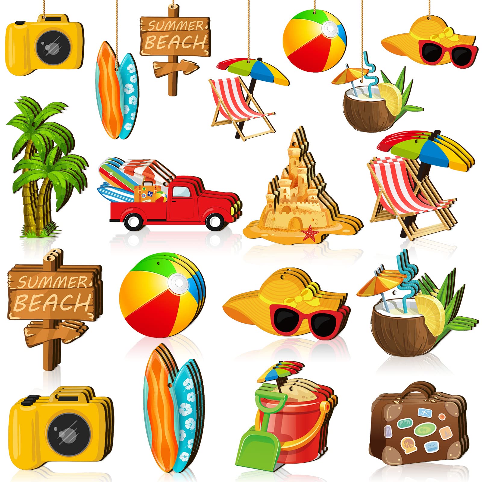 36 Pcs Summer Wood Hanging Ornaments Summer Ornaments for Tree Summer Tree Decorations Hawaiian Beach Wooden Pendant Decorations with String for Luau Party Supplies (Beach)