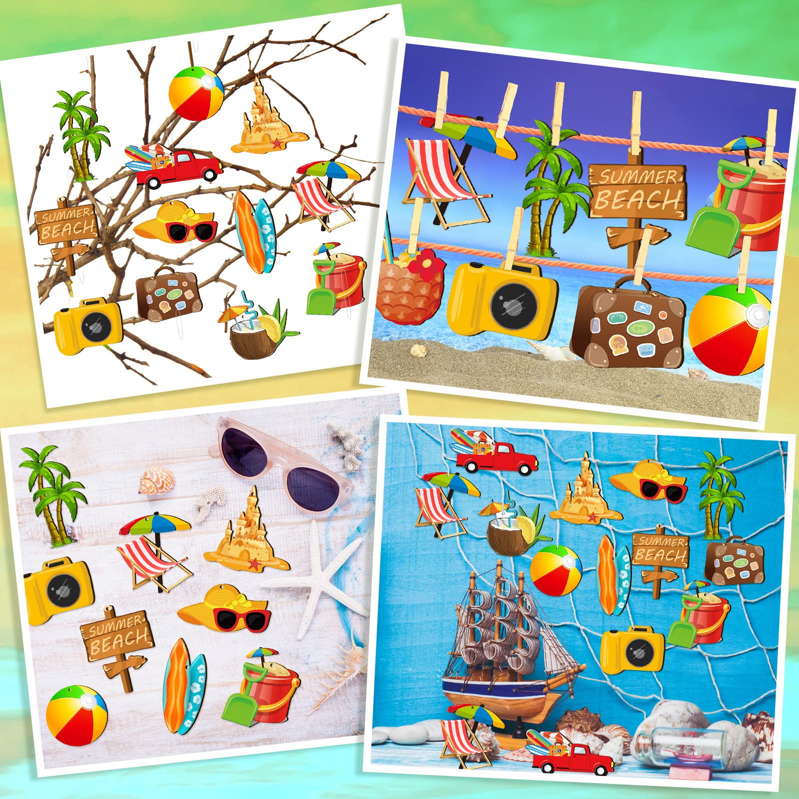 36 Pcs Summer Wood Hanging Ornaments Summer Ornaments for Tree Summer Tree Decorations Hawaiian Beach Wooden Pendant Decorations with String for Luau Party Supplies (Beach)