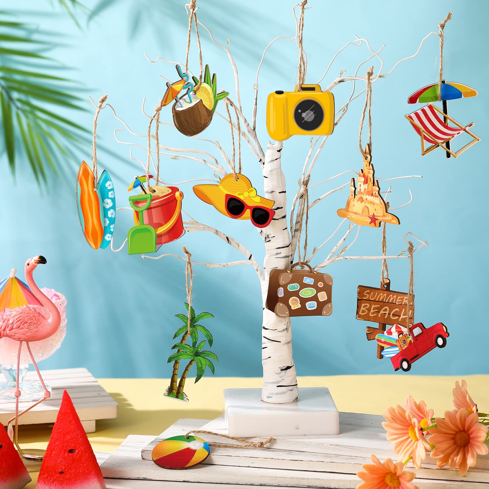 36 Pcs Summer Wood Hanging Ornaments Summer Ornaments for Tree Summer Tree Decorations Hawaiian Beach Wooden Pendant Decorations with String for Luau Party Supplies (Beach)