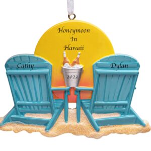 UniqXmas Personalized Beach Chair Couple Christmas Ornament 2023 | Summer Vacation Sunset & Sand Decoration for Xmas Tree | Customized Unique Honeymoon Retirement Keepsake Gift - Custom Name & Year