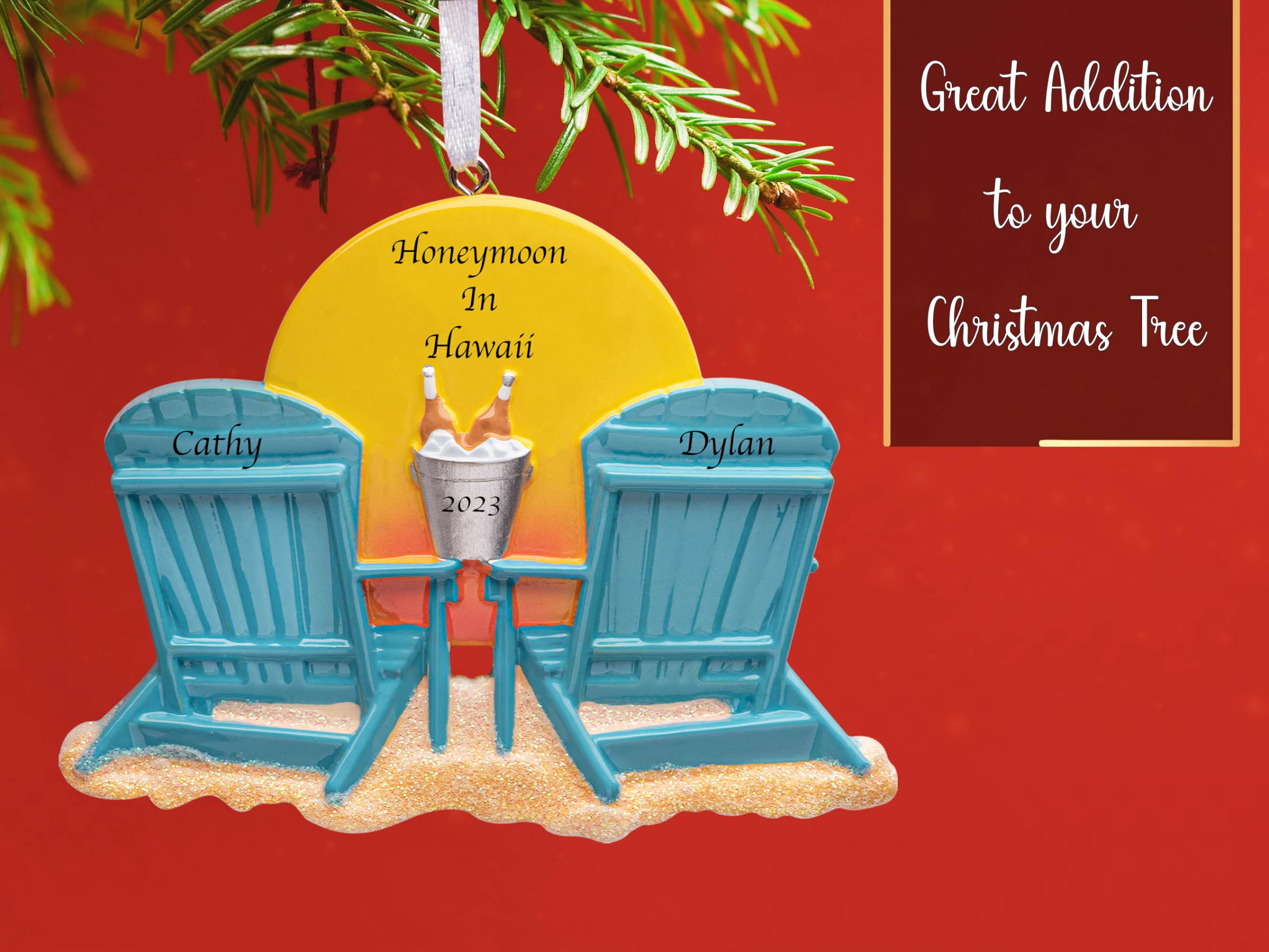 UniqXmas Personalized Beach Chair Couple Christmas Ornament 2023 | Summer Vacation Sunset & Sand Decoration for Xmas Tree | Customized Unique Honeymoon Retirement Keepsake Gift - Custom Name & Year