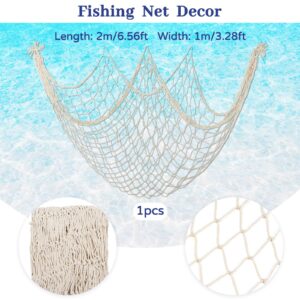 ZERODECO Nautical Decor, Natural Fish Net Party Decorations for Pirate Party, Wedding, Birthday Party, Beach Theme Party, Mermaid Decor, Cotton Fishnet with Shells, White Bubble Garlands, Beige