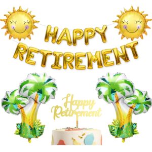 Sunny Beach Theme Retirement Party Decorations - Golden Happy Retirement Balloons & Cake Topper & Coconut Tree Balloons & Sunshine Balloons for Beach Theme Retirement Party Supplies Retired Gift Ideas