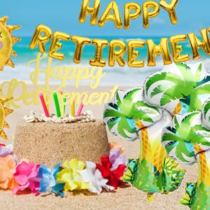 Sunny Beach Theme Retirement Party Decorations - Golden Happy Retirement Balloons & Cake Topper & Coconut Tree Balloons & Sunshine Balloons for Beach Theme Retirement Party Supplies Retired Gift Ideas