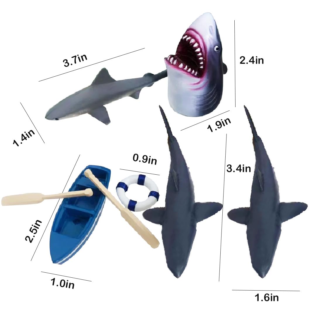 Shark Cake Toppers Beach Shark Cake Decorations Set with Four Sharks Boat Paddle Life Buoy for Shark Themed Birthday Party(Shark)