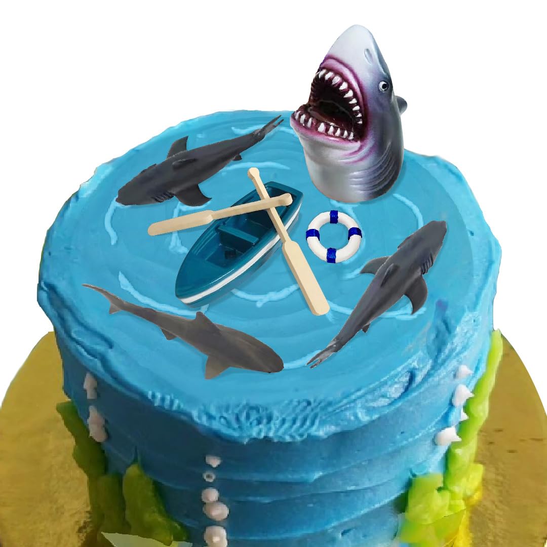 Shark Cake Toppers Beach Shark Cake Decorations Set with Four Sharks Boat Paddle Life Buoy for Shark Themed Birthday Party(Shark)