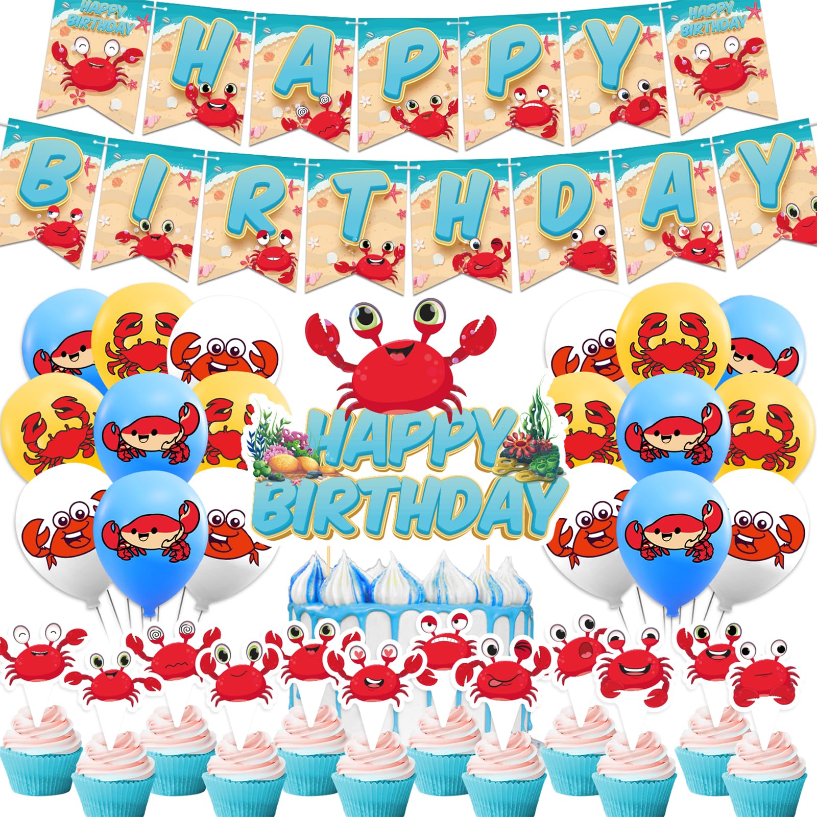 Crab Birthday Party Supplies Crab Party Decorations Includes Crab Happy Birthday Banner Cake Topper Cupcake Toppers Balloons for Crab Party, Seafood Party, Ocean Party