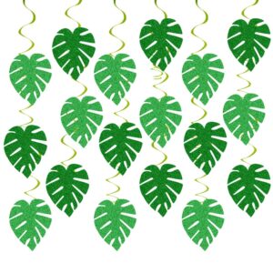 32pcs hawaiian luau party decorations palm leaves hanging swirl,tropical safari jungle glitter green palm leaves decorations for summer beach party baby shower ceiling hanging foil swirls