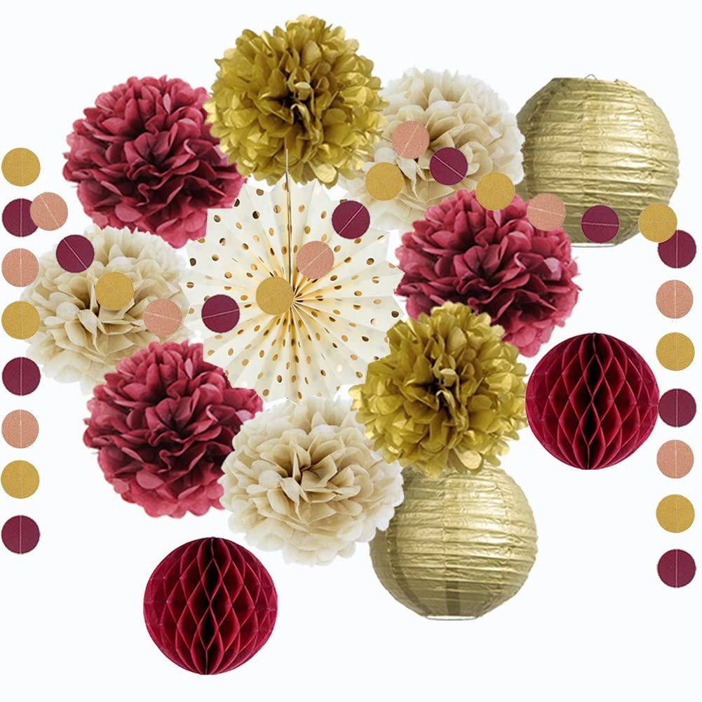 Maroon and Gold Graduation Decorations 2024 Burgundy Party Decorations Paper Pom Poms Lanterns Rose Gold Glitter Dots Hanging Party Garland for Burgundy Birthday Bridal Shower Bachelorette Party Decor