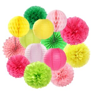 hawaiian-summer beach pool party-decorations streamers - 14pcs tropical jungle aloha birthday supplies paper lanterns fan,tissue pom poms,baby shower honeycomb ball decor lasting surprise