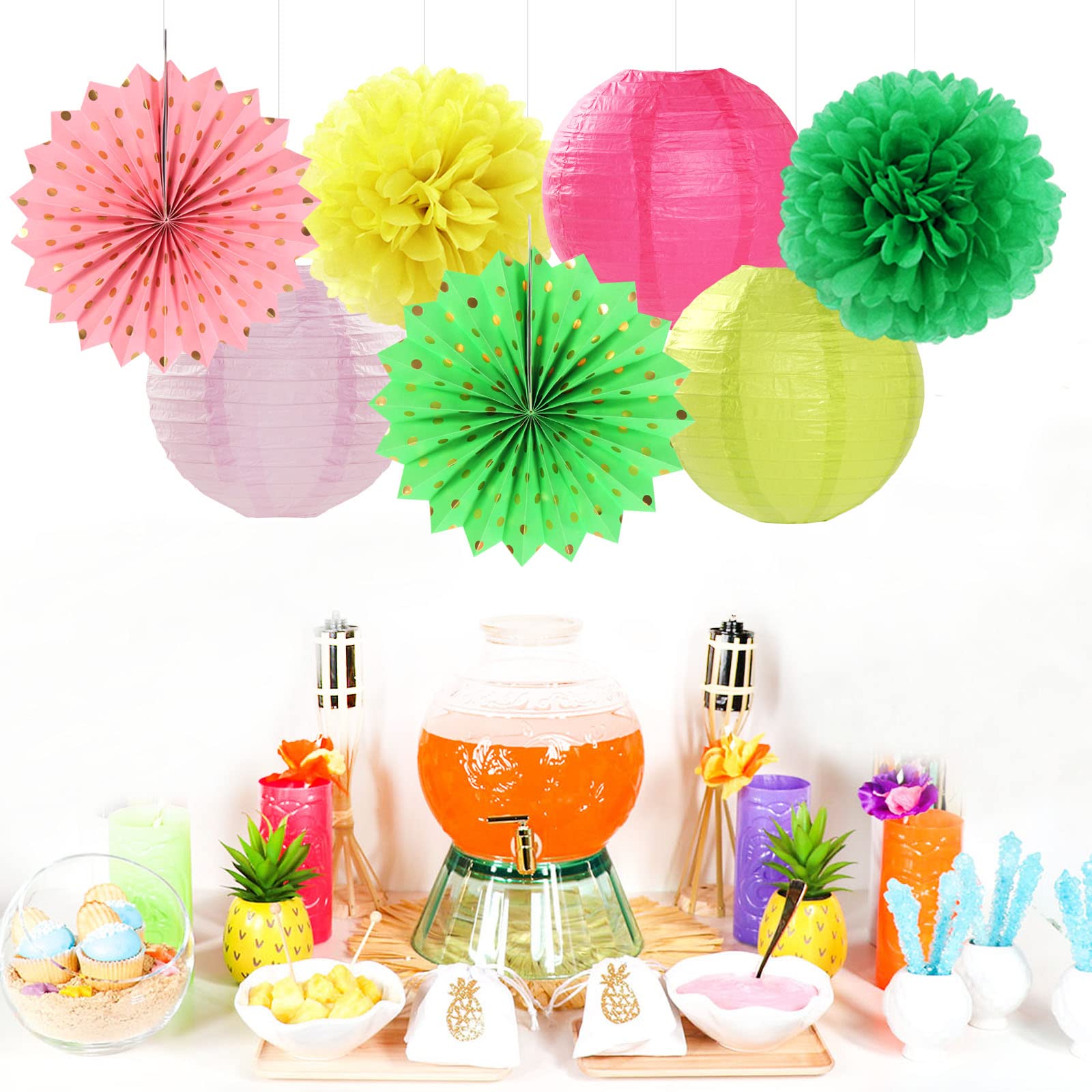 Hawaiian-Summer Beach Pool Party-Decorations Streamers - 14pcs Tropical Jungle Aloha Birthday Supplies Paper Lanterns Fan,Tissue Pom Poms,Baby Shower Honeycomb Ball Decor Lasting Surprise