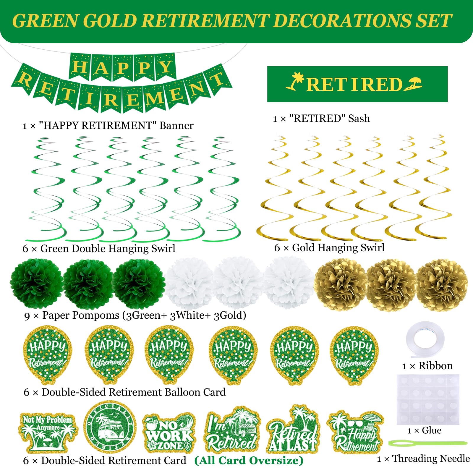 Retirement Decorations Green Gold Beach Theme Happy Retirement Party Decorations Men Women Happy Retirement Banner Gifts, Retirement Decor Double-Sided Pattern Card, Pompoms Hanging Swirl Retired Sash