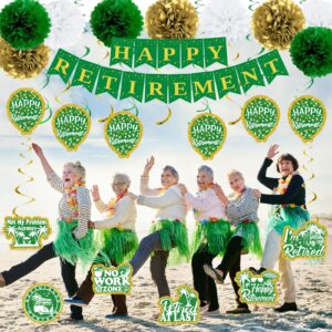 Retirement Decorations Green Gold Beach Theme Happy Retirement Party Decorations Men Women Happy Retirement Banner Gifts, Retirement Decor Double-Sided Pattern Card, Pompoms Hanging Swirl Retired Sash