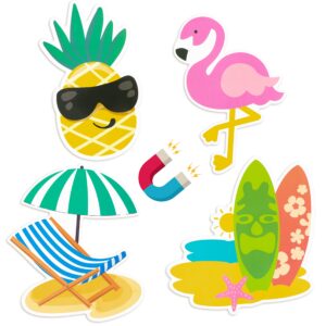 JAPBOR 4pcs Cruise Door Magnets Decorations Magnetic, Refrigerator Car Cabin Ship Magnet, Tropical Beach Summer Hawaii Decal, Flamingo Pineapple Surfboard Fridge Sticker for Home Kitchen Cabinet Decor