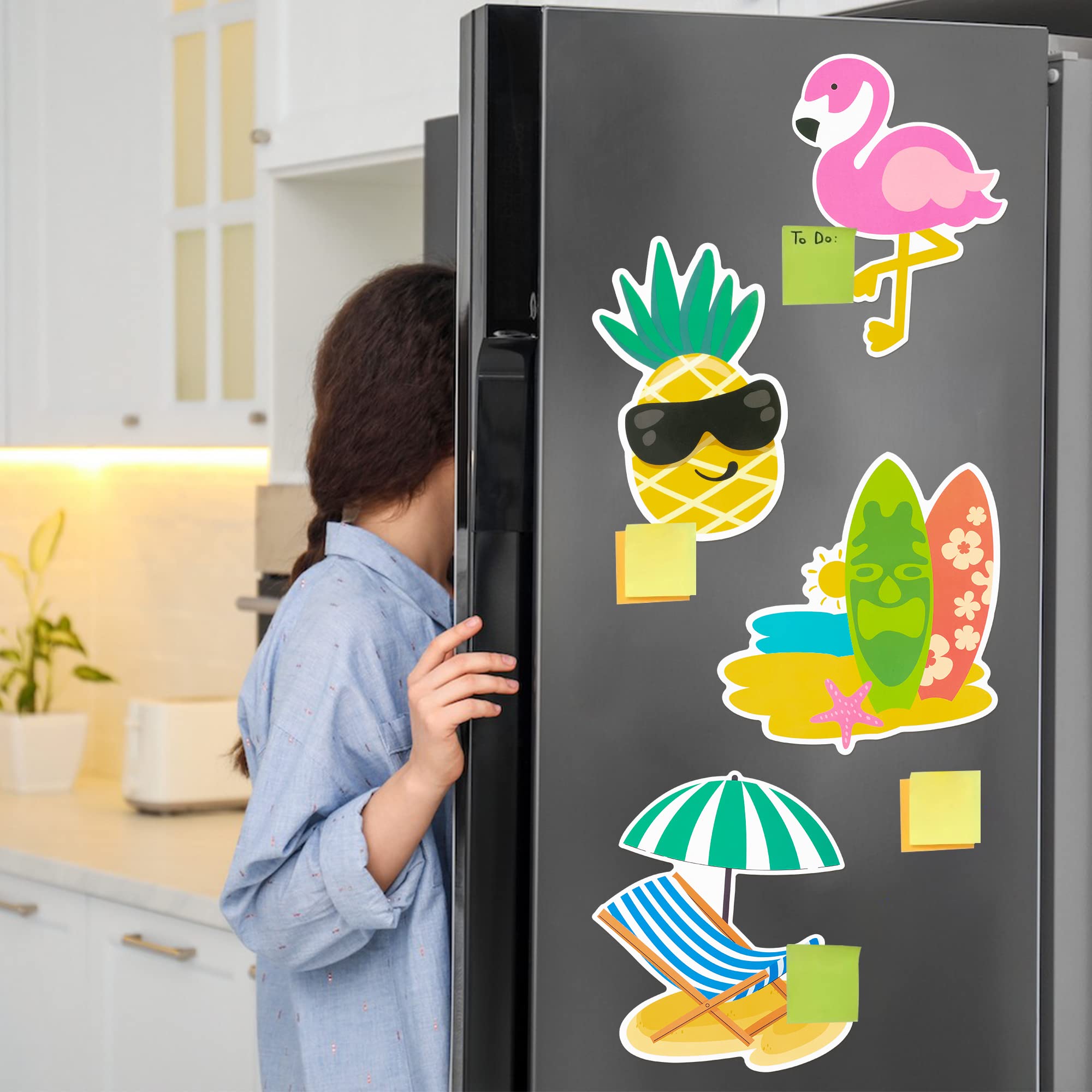 JAPBOR 4pcs Cruise Door Magnets Decorations Magnetic, Refrigerator Car Cabin Ship Magnet, Tropical Beach Summer Hawaii Decal, Flamingo Pineapple Surfboard Fridge Sticker for Home Kitchen Cabinet Decor