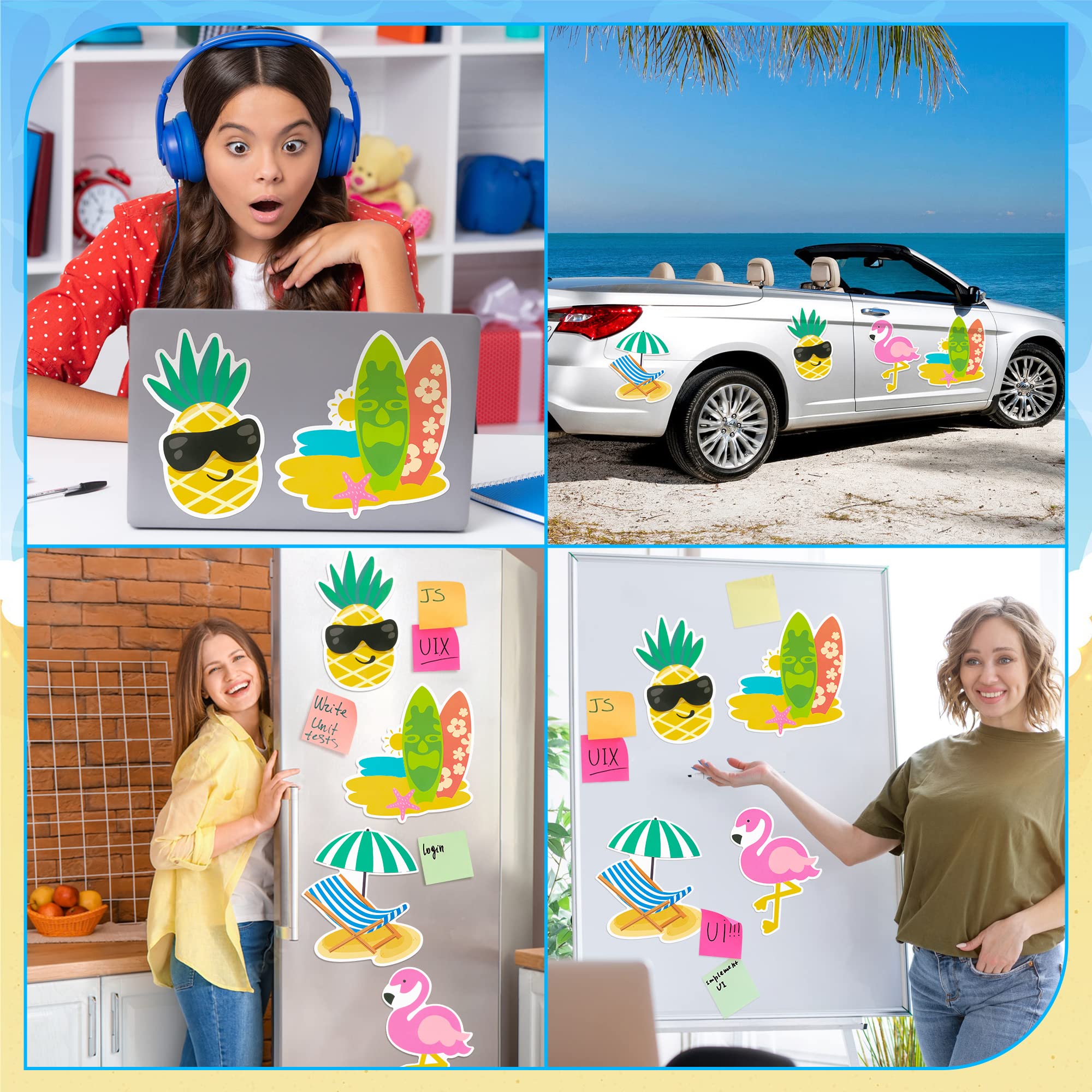 JAPBOR 4pcs Cruise Door Magnets Decorations Magnetic, Refrigerator Car Cabin Ship Magnet, Tropical Beach Summer Hawaii Decal, Flamingo Pineapple Surfboard Fridge Sticker for Home Kitchen Cabinet Decor