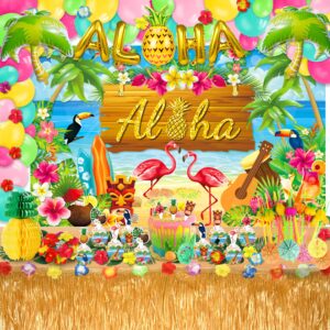 LXlucktim Hawaiian Luau Party Decorations, 174 Pcs Hawaii Aloha Tropical Themed Party Decor Supplies Kit - Backdrop, Table Skirt, Balloons, Wrappers, Straws, Hibiscus Palm Leaves and Pineapples