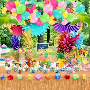 LXlucktim Hawaiian Luau Party Decorations, 174 Pcs Hawaii Aloha Tropical Themed Party Decor Supplies Kit - Backdrop, Table Skirt, Balloons, Wrappers, Straws, Hibiscus Palm Leaves and Pineapples