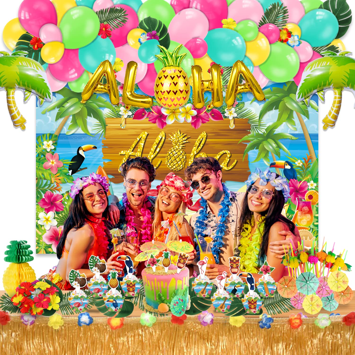 LXlucktim Hawaiian Luau Party Decorations, 174 Pcs Hawaii Aloha Tropical Themed Party Decor Supplies Kit - Backdrop, Table Skirt, Balloons, Wrappers, Straws, Hibiscus Palm Leaves and Pineapples