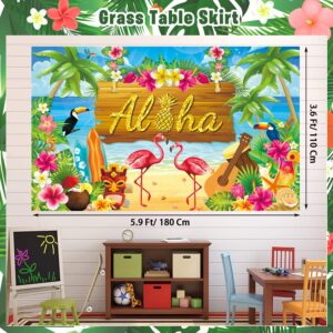 LXlucktim Hawaiian Luau Party Decorations, 174 Pcs Hawaii Aloha Tropical Themed Party Decor Supplies Kit - Backdrop, Table Skirt, Balloons, Wrappers, Straws, Hibiscus Palm Leaves and Pineapples