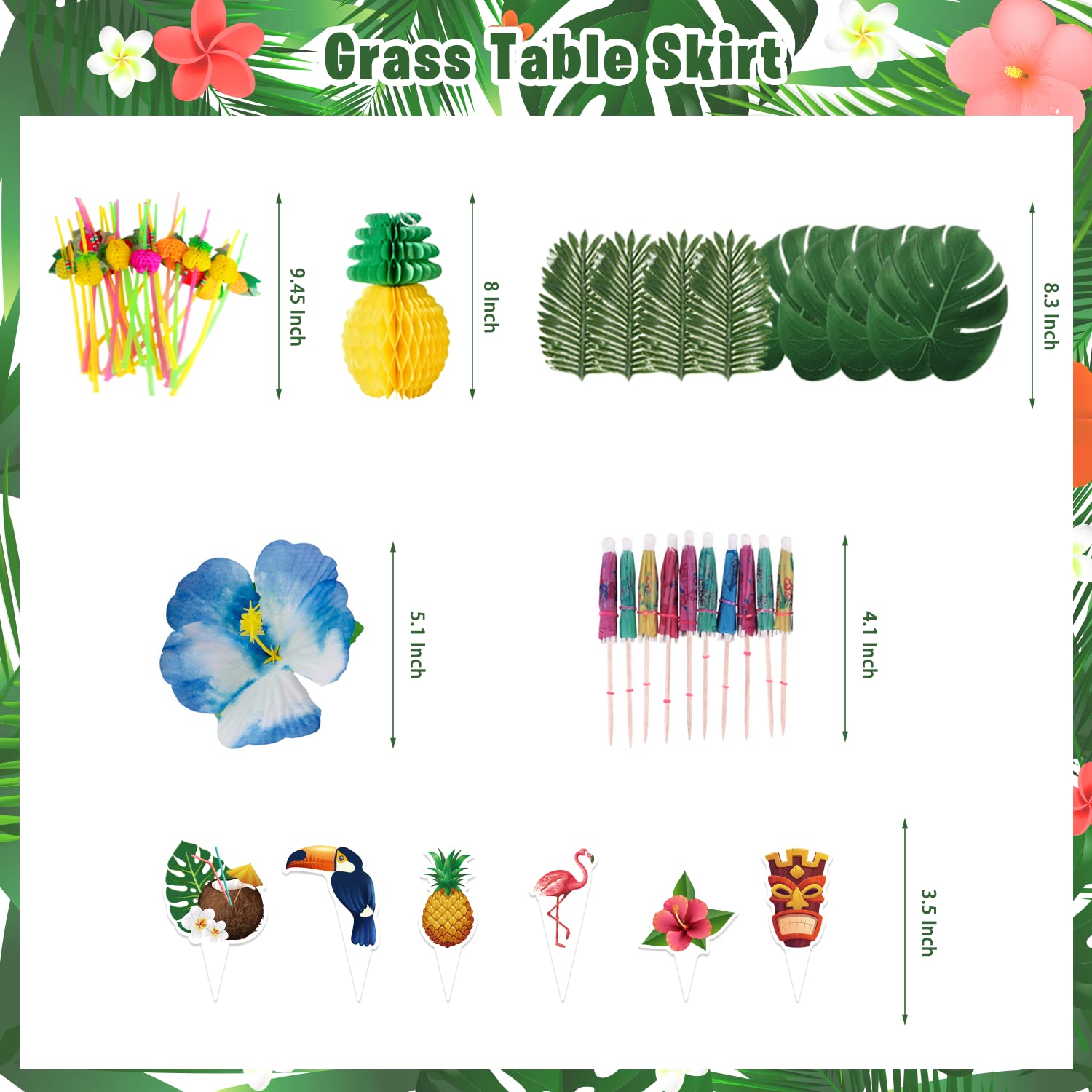 LXlucktim Hawaiian Luau Party Decorations, 174 Pcs Hawaii Aloha Tropical Themed Party Decor Supplies Kit - Backdrop, Table Skirt, Balloons, Wrappers, Straws, Hibiscus Palm Leaves and Pineapples