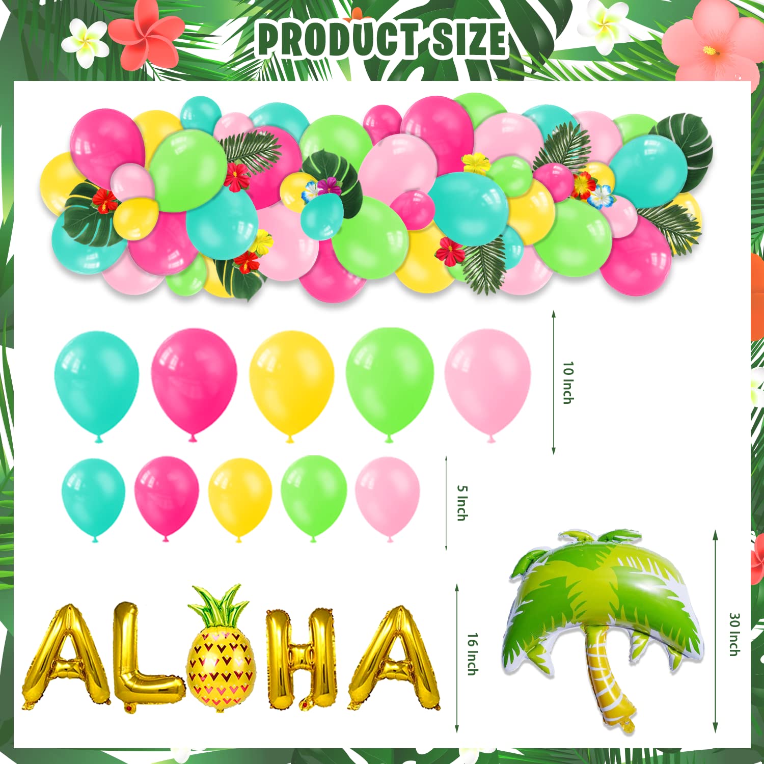 LXlucktim Hawaiian Luau Party Decorations, 174 Pcs Hawaii Aloha Tropical Themed Party Decor Supplies Kit - Backdrop, Table Skirt, Balloons, Wrappers, Straws, Hibiscus Palm Leaves and Pineapples