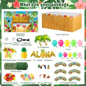 LXlucktim Hawaiian Luau Party Decorations, 174 Pcs Hawaii Aloha Tropical Themed Party Decor Supplies Kit - Backdrop, Table Skirt, Balloons, Wrappers, Straws, Hibiscus Palm Leaves and Pineapples