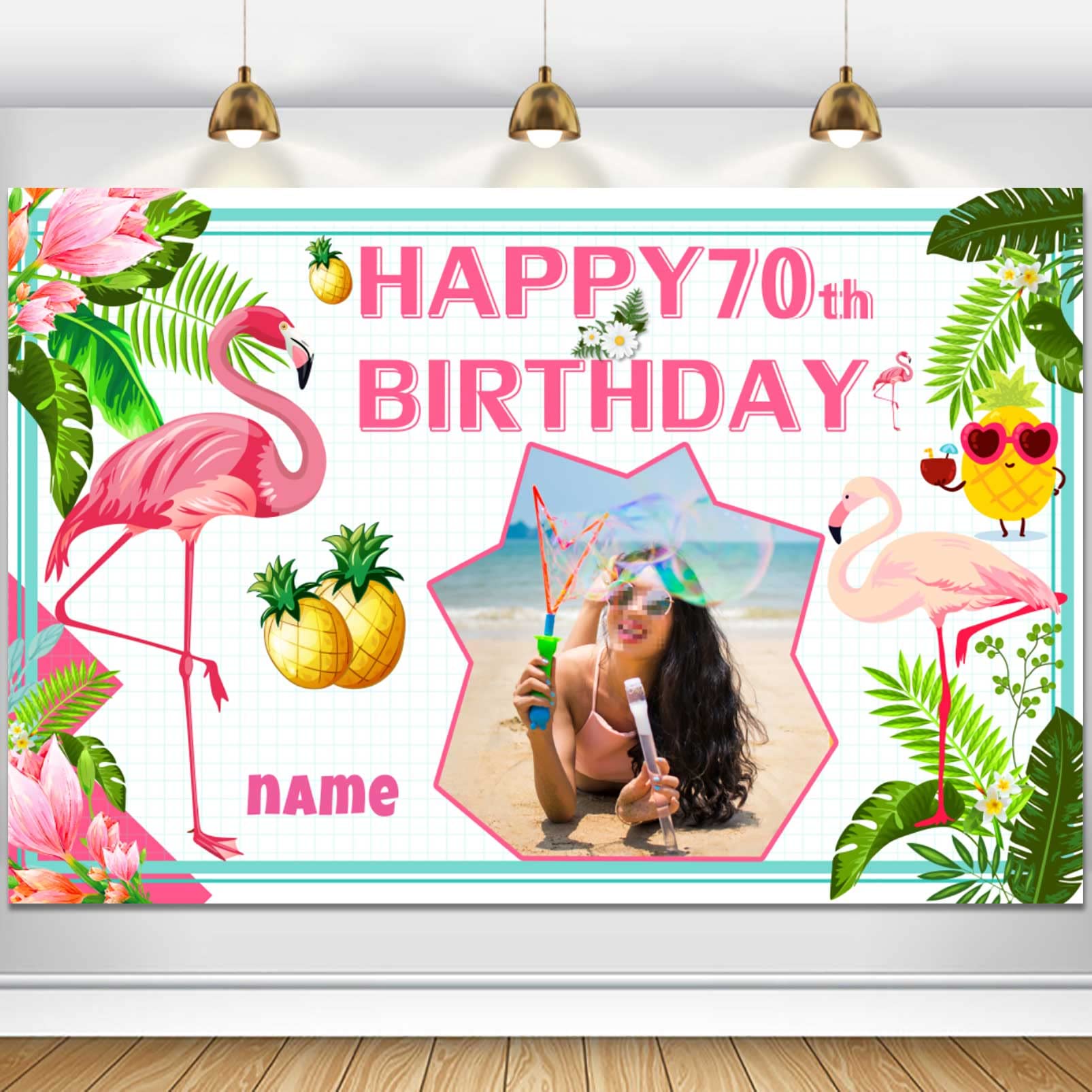 Custom Happy 70th Birthday Banner Flamingo Themed Party Decoration Backdrop Flamingo Banner Party Supplies Tropical Floral Photo Booth Hawaiian Themed Party Decoration for Luau Beach Party