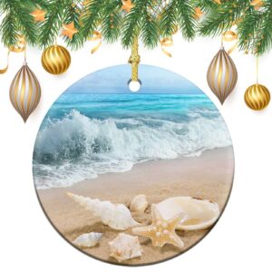 Beach Seashells on Sea Shore 2 PCs Christmas Round Hanging Ceramic Ornament Keepsake, Sign Plaque Tree Decoration with Thick Gold String for Xmas Holidays