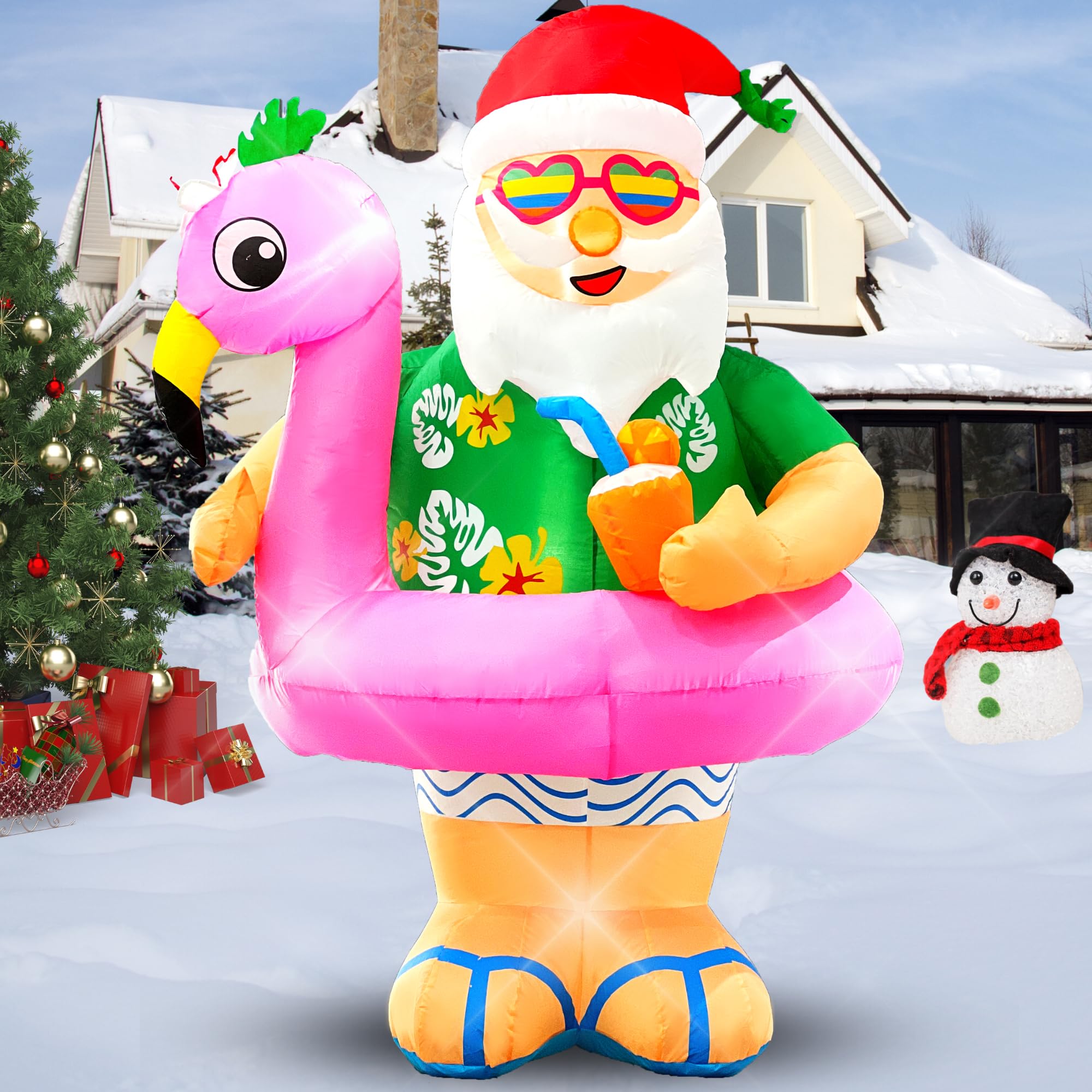 Wabolay Christmas Inflatable Santa Claus Outdoor Decorations 6ft Giant Blow Up Hawaiian Santa Inflatables with Flamingo Swimming Ring for Yard Blowups Decor Led Lights Vacation Outside Lawn Clearance