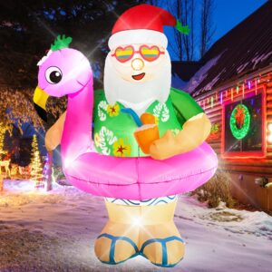 Wabolay Christmas Inflatable Santa Claus Outdoor Decorations 6ft Giant Blow Up Hawaiian Santa Inflatables with Flamingo Swimming Ring for Yard Blowups Decor Led Lights Vacation Outside Lawn Clearance