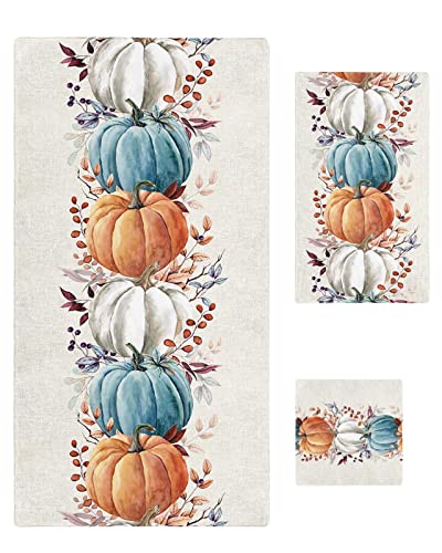 Fall Burlap Bathroom Towel Set,Microfiber Bath Kitchen Beach Hand Dish Towels Set,Quick Dry Luxury Soft Decorative Towels+Set Clearance Bulk Decor(3-PC) Teal Orange White Pumpkin Eucalyptus Leaves