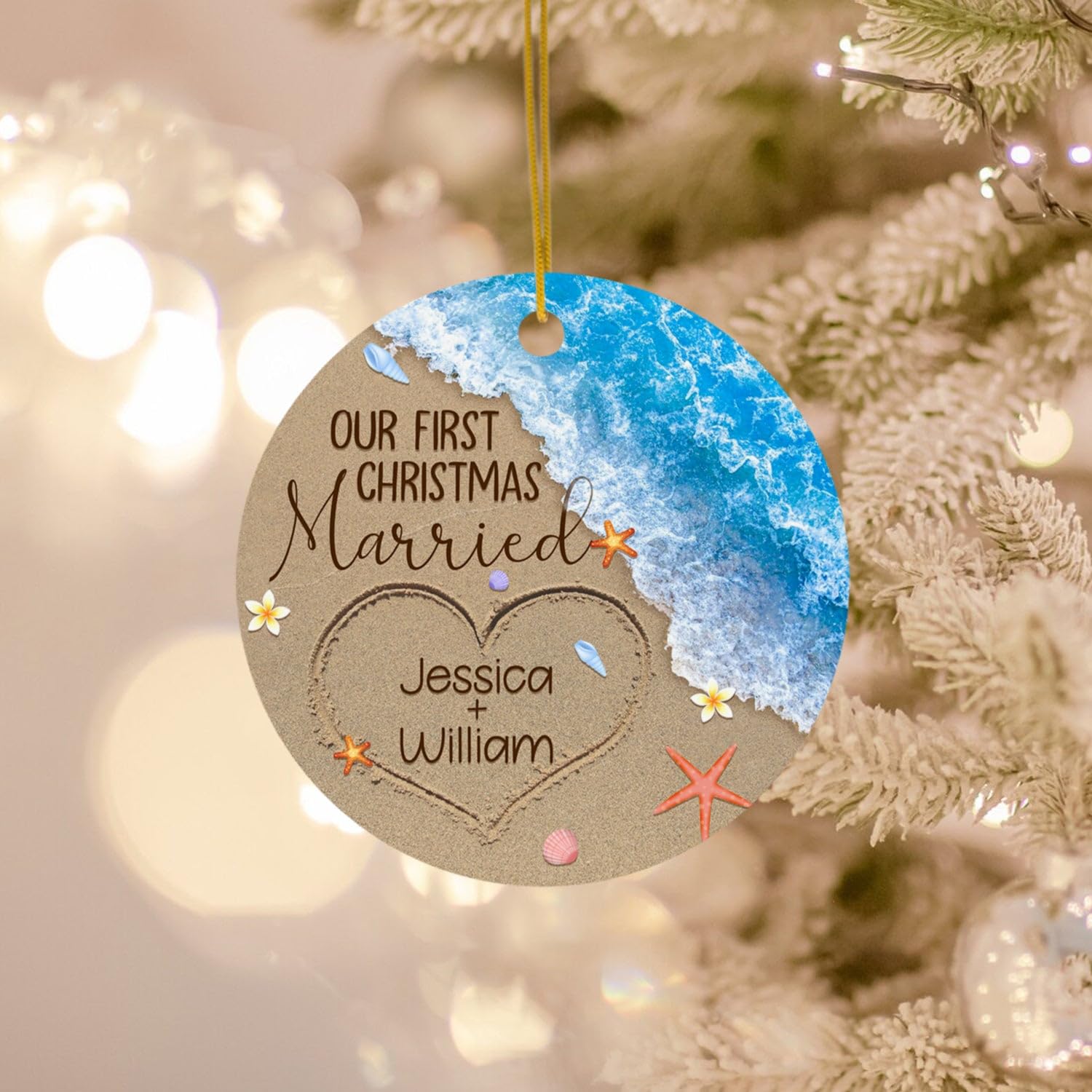 Personalized Our First Christmas Married Beach Ornament Sea 2024, Custom Just Married Christmas Ornament, Beach Wedding Gifts for Couples, Newlywed Christmas Decoration for Home, Bridal Shower