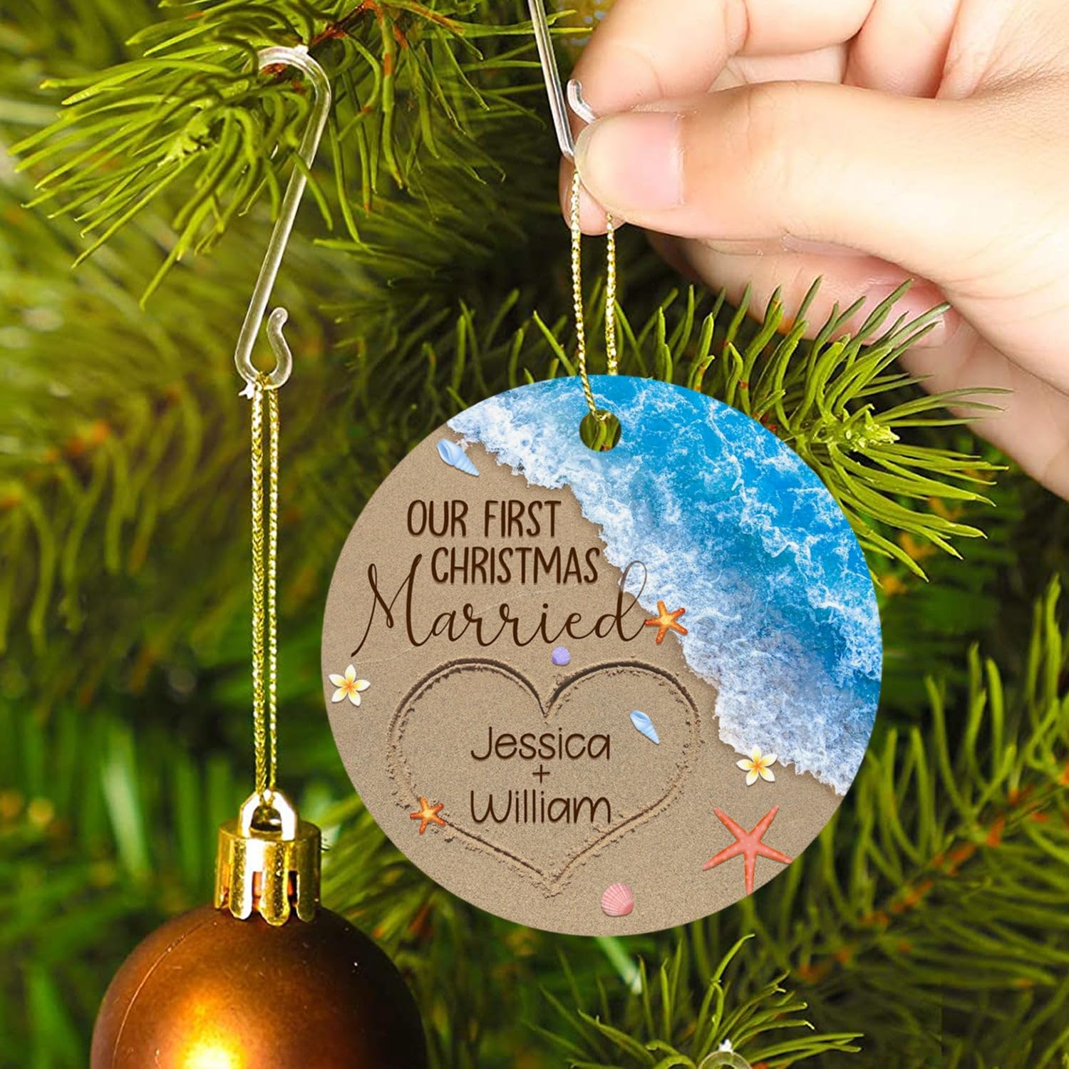 Personalized Our First Christmas Married Beach Ornament Sea 2024, Custom Just Married Christmas Ornament, Beach Wedding Gifts for Couples, Newlywed Christmas Decoration for Home, Bridal Shower