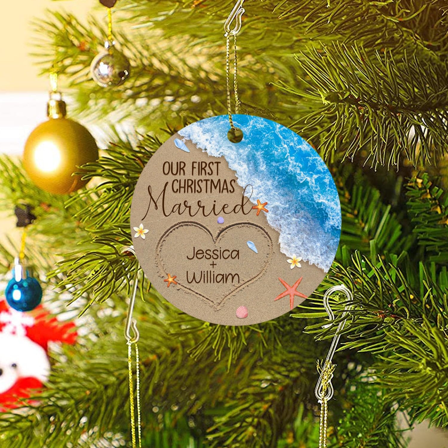 Personalized Our First Christmas Married Beach Ornament Sea 2024, Custom Just Married Christmas Ornament, Beach Wedding Gifts for Couples, Newlywed Christmas Decoration for Home, Bridal Shower